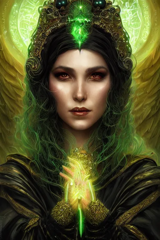 Image similar to a fantasy art close - up portrait of a hauntingly beautiful sorceress wearing a black robe with gold embroidery, casting a spell, green glows, painted by artgerm and tom bagshaw, highly detailed digital art