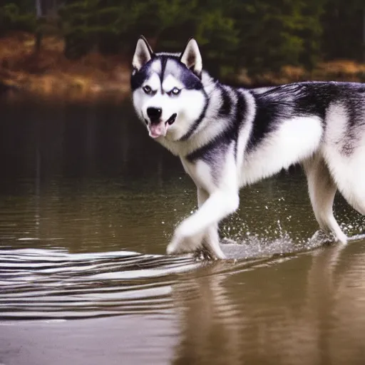 Prompt: Husky walks on water, 8k photography, cinematic