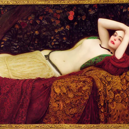 Image similar to preraphaelite photography reclining on bed, a hybrid of a hybrid of judy garland and lady gaga and a hybrid of anne hathaway and liza minelli, aged 2 5, big brown fringe, wide shot, yellow ochre ornate medieval dress, john william waterhouse, kilian eng, rosetti, john everett millais, william holman hunt, william morris, 4 k