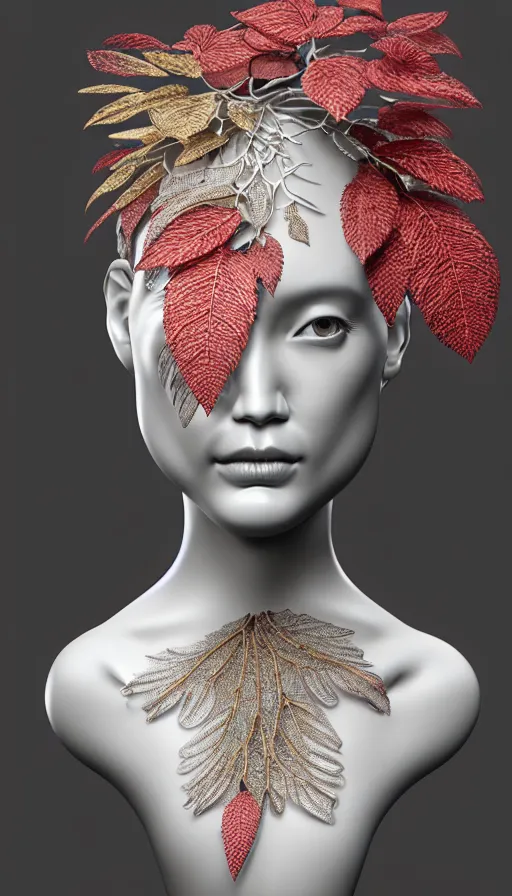 Image similar to complex 3d render ultra detailed of a beautiful porcelain profile woman face, mechanical vegetal cyborg, 150 mm, beautiful studio soft light, spot light, rim light, silver gold red details, luxurious, magnolia big filigran leaves and stems, roots, Alexander Mcqueen haute couture, fine foliage lace, mesh wire, filigran metallic intricate details, hyperrealistic, mandelbrot fractal, anatomical, silver metal armor, facial muscles, cable wires, microchip, elegant, white background, beautiful white teeth, octane render, H.R. Giger style, 8k