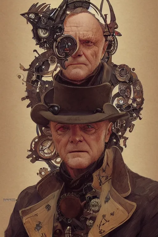 Prompt: anthony hopkins steampunk half - cyborg cowboy, pelt coats, high fantasy, dnd, smooth, sharp focus, illustration, highly detailed, digital painting, artstation, concept art, by rossdraws, alphonse mucha, frank fanzzeta, collectible card art