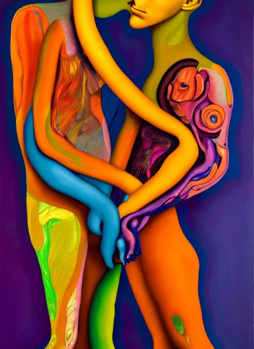 Prompt: a strange, biomorphic painting of two humanoid figures entwined, in vibrant colours in the style of jenny saville, in the style of charlie immer, highly detailed, emotionally evoking, volumetric lighting, oil painting, timeless disturbing masterpiece