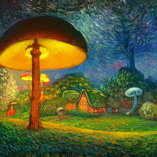 Image similar to mysterious detailed painting of a cozy english cottage in the woods at night, surrounded by giant glowing mushrooms, in the style of studio ghibli and moebius and claude monet and edward hopper and vincent van gogh