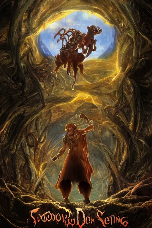 Image similar to an ultra detailed 3 d render of scooby doo as an elden ring boss, epic anime fantasy, 8 k, in the style of a fantasy metal album cover and magic the gathering, volumetric lighting, smooth, highly detailed, digital illustration, octane render, art by albert bierstadt and greg rutkowsi, artstation