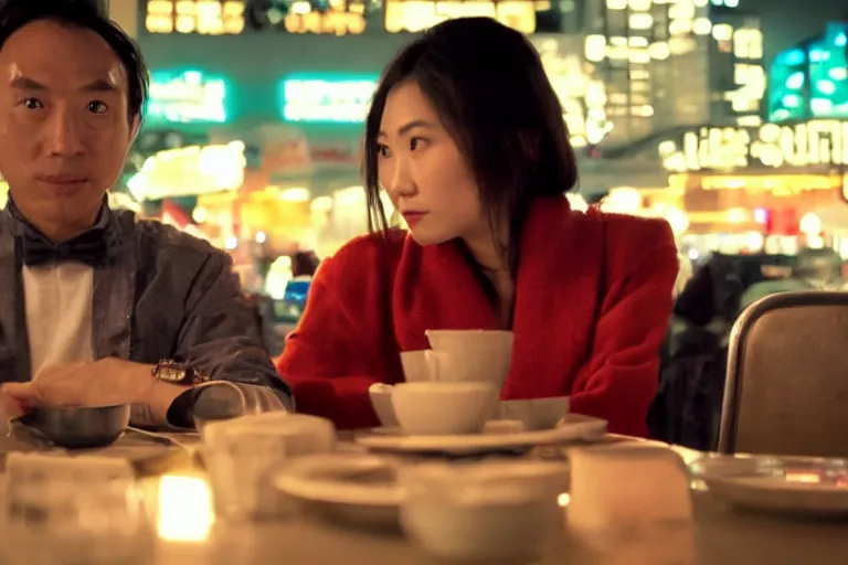 Image similar to VFX movie interior closeup beautiful Asian couple closeup sitting at 50s diner, night in the city, by Emmanuel Lubezki