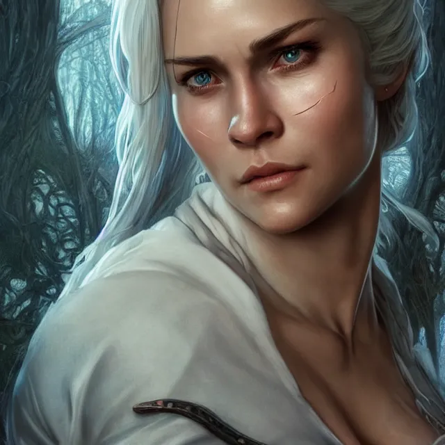 Image similar to cirilla wearing tight in chest shirt, ultra realistic, pretty face, extremely detailed face, anatomically correct, symmetrical, concept art, intricate details, highly detailed, photorealistic, octane render, 8 k, unreal engine. art by artgerm and greg rutkowski and alphonse mucha