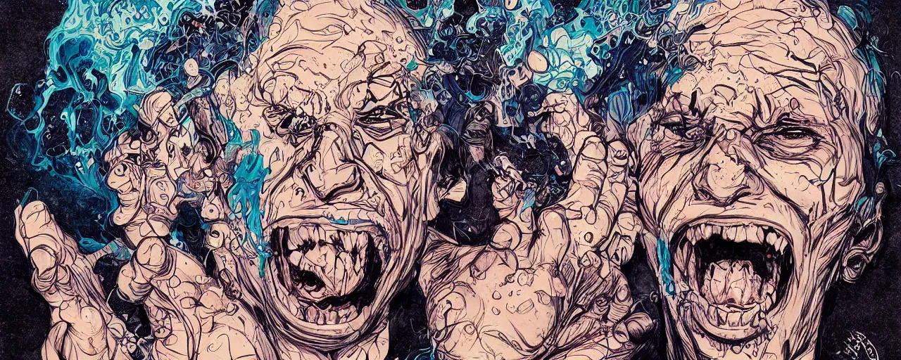 Prompt: portrait of a mad man screaming with ink bursting from the eyes, by josan gonzales, max prentis,