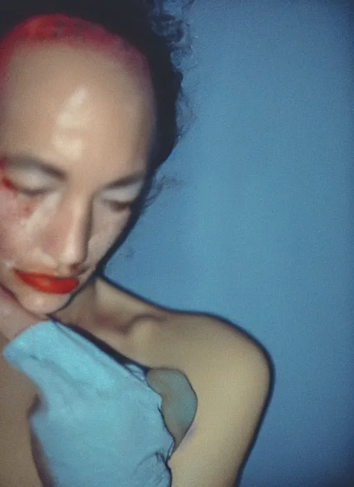 Prompt: extra close-up, color film photography, portrait of woman with vitiligo, in style of nan goldin, blue hour, 35mm, film photo