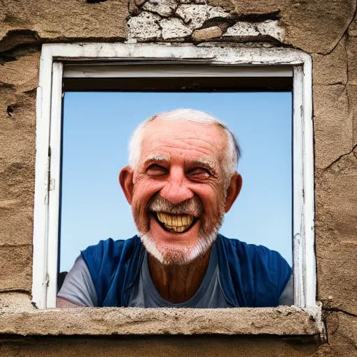 Image similar to the head of a smiling old man seen through a window