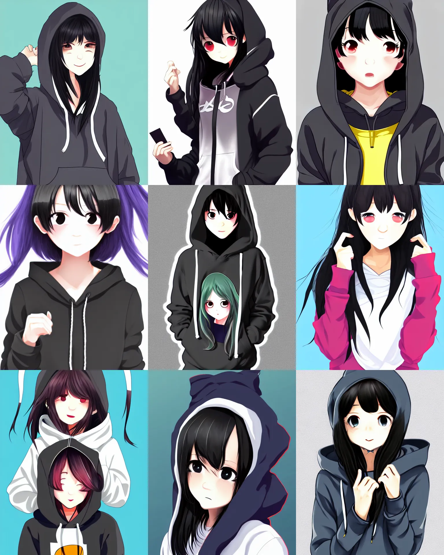 Prompt: black haired girl wearing hoodie, city, pixiv ranking