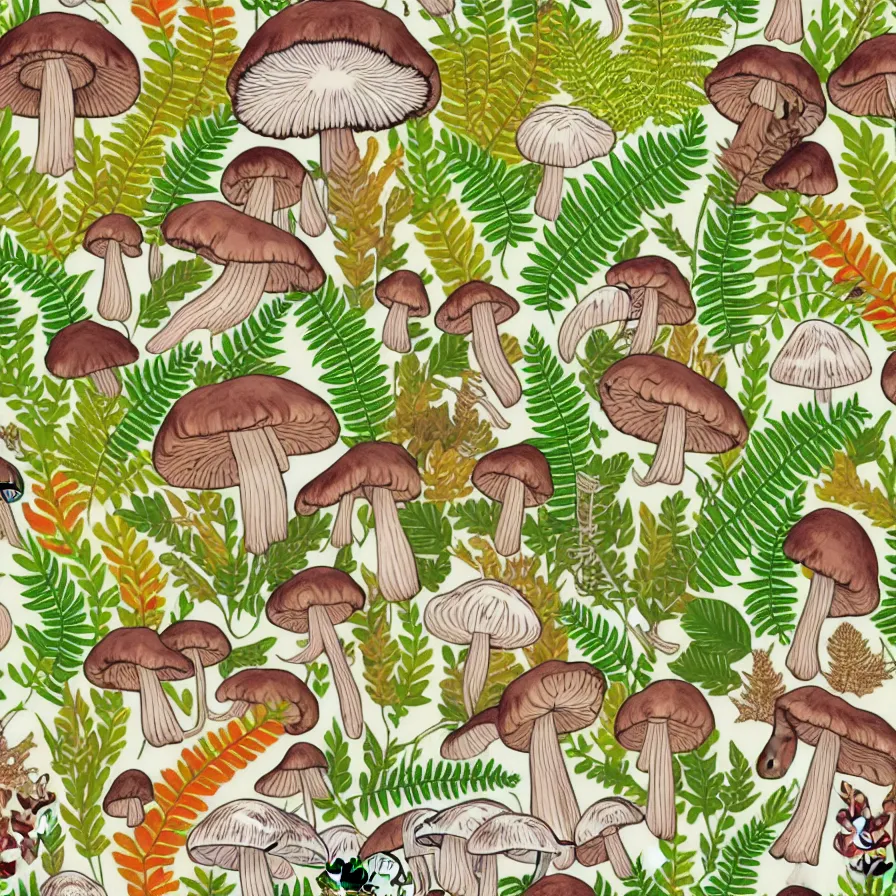 Image similar to plethora of mushrooms and mycelium, vivid natural color hues and natural surroundings, colorful painted patterns and motifs on mushrooms, leaves and ferns, seamless fabric pattern 8K, highly detailed.