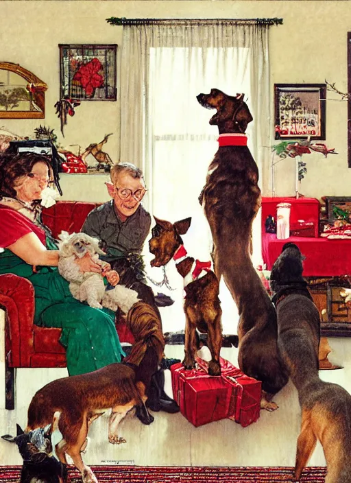 Image similar to a norman rockwell dog family christmas