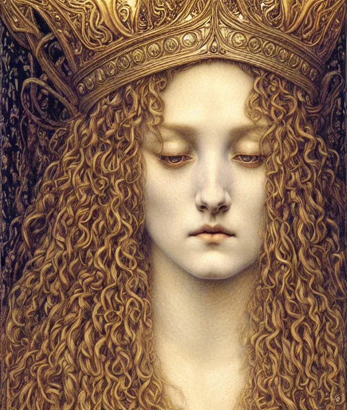 Image similar to detailed realistic beautiful young medieval queen face portrait by jean delville, gustave dore and marco mazzoni, art nouveau, symbolist, visionary, gothic, pre - raphaelite. horizontal symmetry