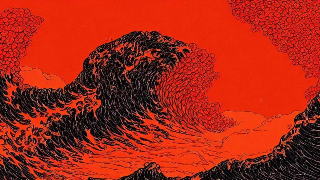 Image similar to a fiery lava tsunami in the style of hokusai, artstation, digital art,