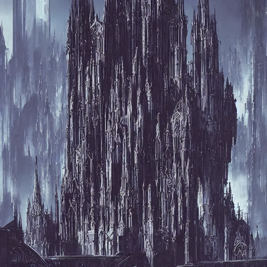 Image similar to gothic cathedral world of cyberpunk architecture by syd mead