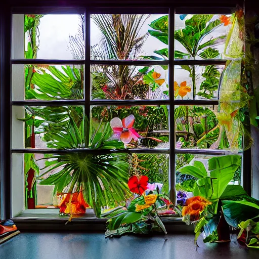 Image similar to a window full of tropical flowers, inside the window you can see the galaxy, trend in artstation, hdr, 8 k