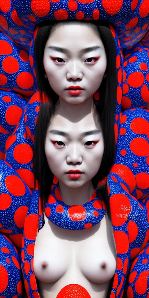 Image similar to hyperrealistic detailed image of a geisha in a art installation room, hd smooth interior by yayoi kusama, part by kei mieno, part by ross tran, dark art by james jean, ultra realistic, highly detailed, life like face, detailed body, 8 k, 3 d render by roger magrini, masterpiece