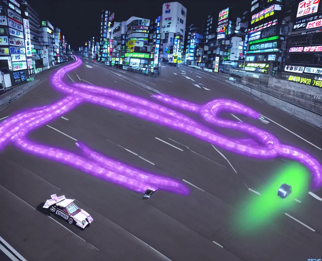Prompt: surveillance footage of JZX100 twin turbo drift jet engine monster truck drag racer cowboy Cadillac hover-car UFO in the road, Tokyo prefecture, Japanese architecture, city sunset mist lights, cinematic lighting, photorealistic, detailed alloy wheels, highly detailed purple green snake oil wacky races power ranger bat-mobile transformer car