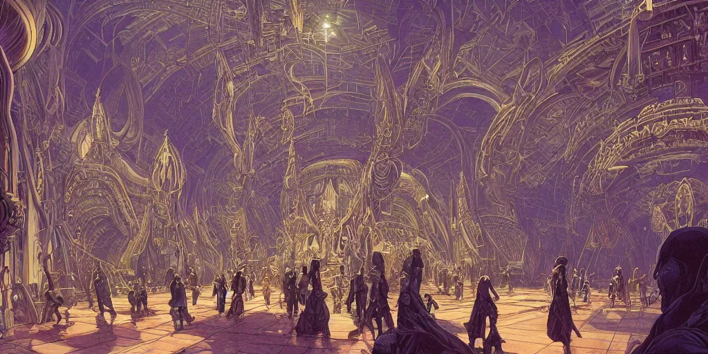 Image similar to a cinematic shot of the interior of a sci - fi space station with ornate elven architecture bustling with people by jean giraud moebius, crystalline, emerald, matte illustration by moebius