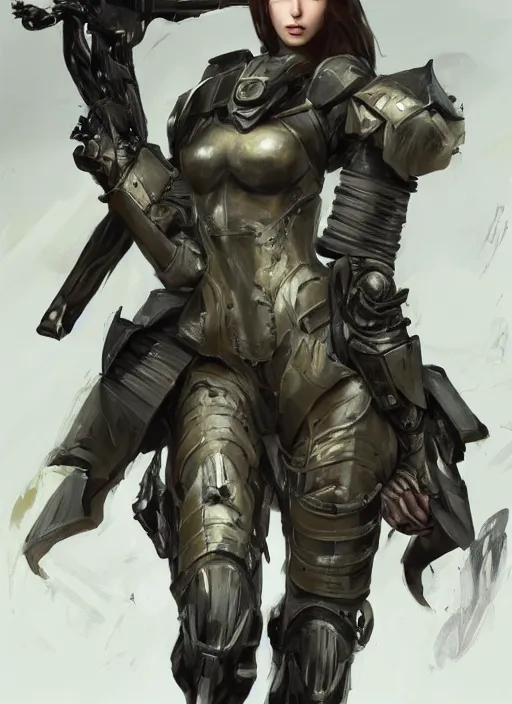 Image similar to a professionally painted full body portrait of an attractive young female, clothed in military-style battle armor, olive skin, long dark hair, beautiful bone structure, symmetrical facial features, intricate, elegant, digital painting, concept art, smooth, sharp focus, illustration, finely detailed, from Metal Gear by Ruan Jia and Mandy Jurgens and Artgerm and William-Adolphe Bouguerea