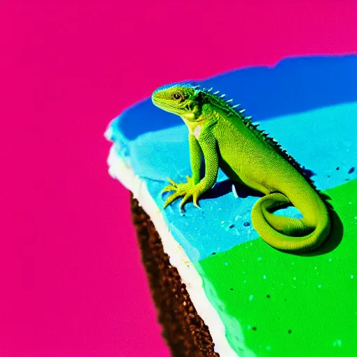 Prompt: photo of lizard standing on top of rainbow icing cake, cinestill, 8 0 0 t, 3 5 mm, full - hd