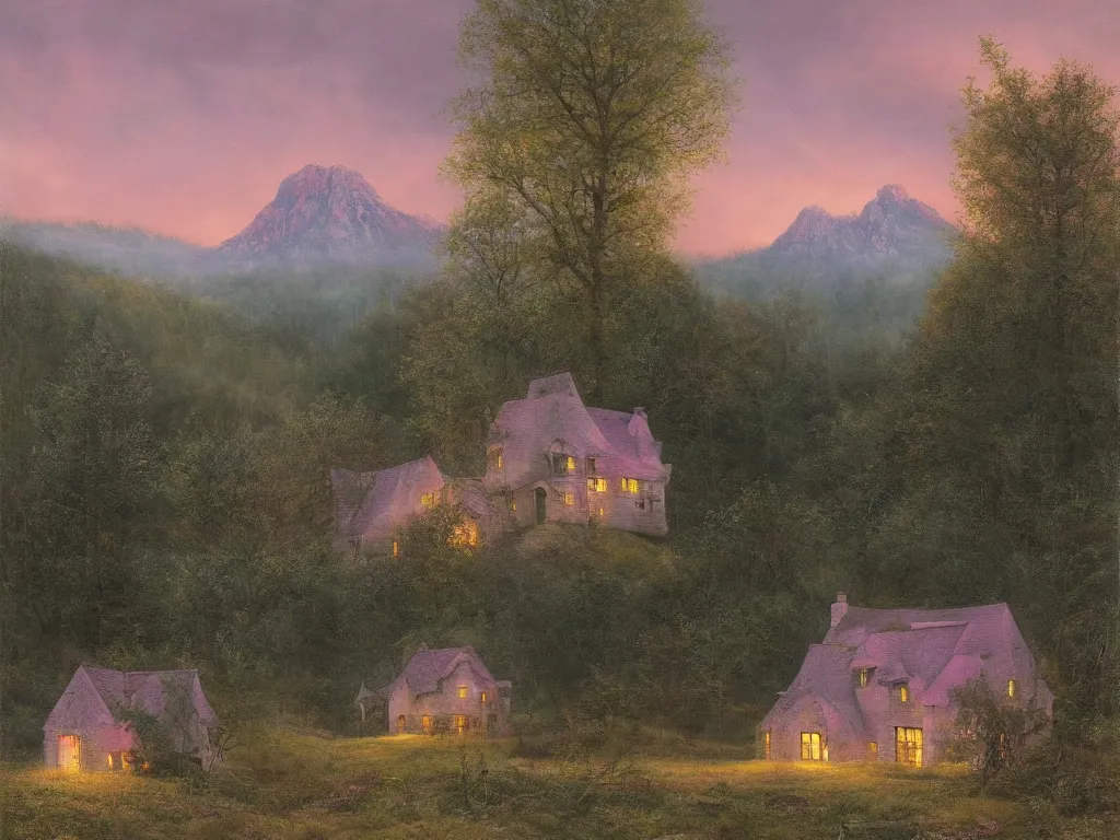 Image similar to a single witchhouse with lighted windows in a woodland, mysty mountain in the background, evening mood, pink clouds in the sky, by clive madgwick