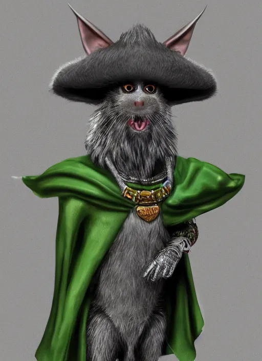 Image similar to a bearded gray humanoid rat with jewelry, green eyes, tricorne hat, green robe, D&D, digital art, realistic, trending on artstation, 4k