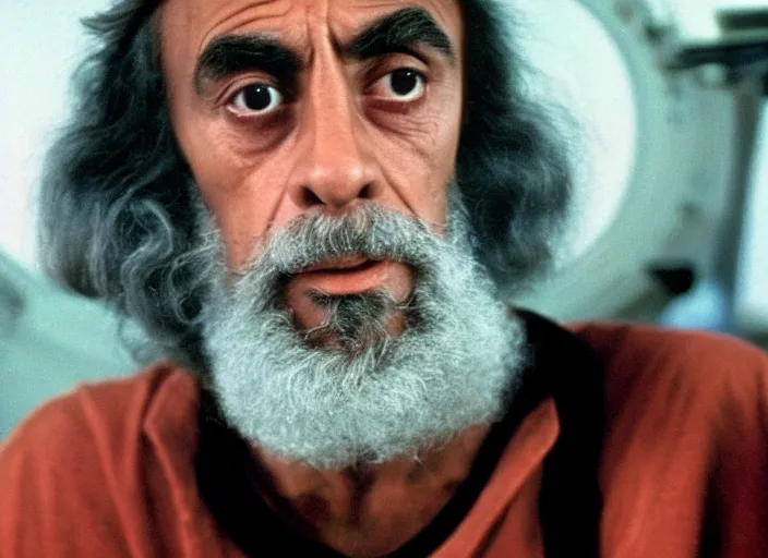 Image similar to film still of young old Tommy Chong as Dr. Dave Bowman in 2001 A Space Odyssey