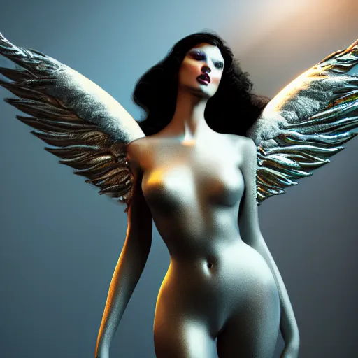 Image similar to fantasy angel with wings inspired avant - garde art, deco fashion, highly detailed, photorealistic portrait, bright studio setting, studio lighting, crisp quality and light reflections, unreal engine 5 quality render