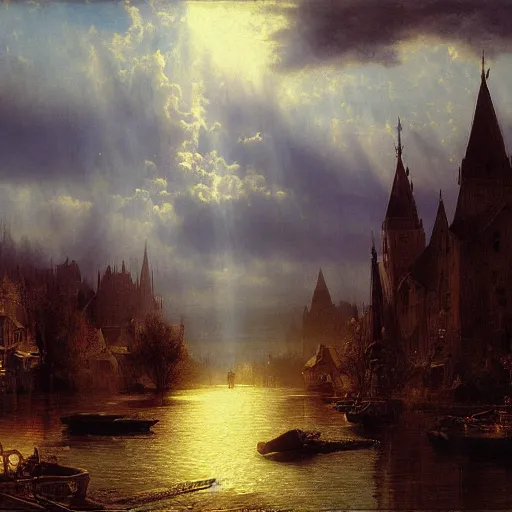 Image similar to detailed painting of lake town from lord of the rings retroscifi interior, volumetrics lights, beam of bright lights through the clouds, andreas achenbach