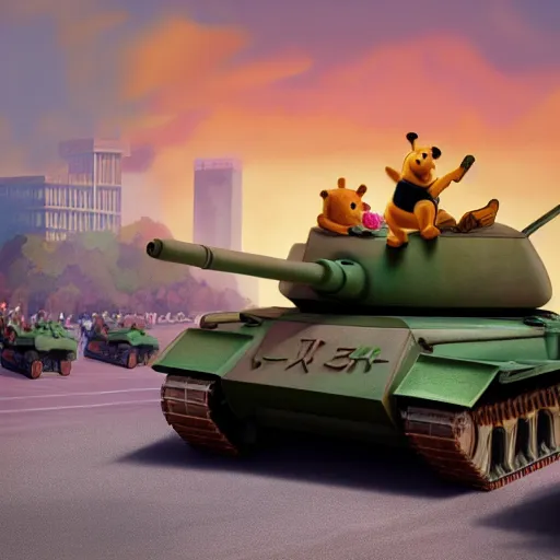 Image similar to winnie the pooh as tank man at tiananmen square sitting down in front of chinese tanks, award winning photography, extremely detailed, artstation, 8 k, sensual lighting, incredible art, wlop, artgerm