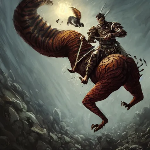 Image similar to Squirrel knight riding tiger, magic the gathering artwork, horror, D&D, fantasy, cinematic lighting, centered, symmetrical, highly detailed, digital painting, artstation, concept art, smooth, sharp focus, illustration, volumetric lighting, epic Composition, 8k, art by Akihiko Yoshida and Greg Rutkowski and Craig Mullins, oil painting, cgsociety