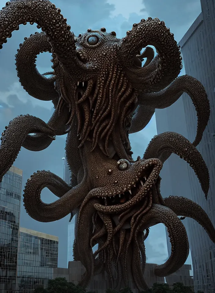 Prompt: A very giant Kraken-like multi-eyed monster jumped up with its jaws on a office building and wrapped his tentacles all around him. High detail, front view, photorealism, concept art, octane render, zoom, 8k