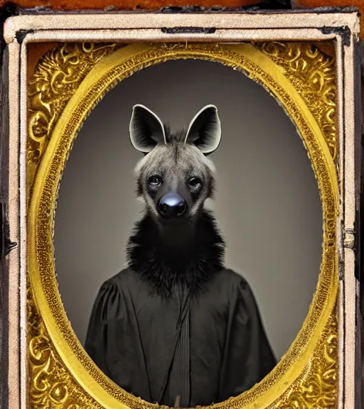 Prompt: professional studio photo portrait of anthro anthropomorphic spotted hyena head animal person fursona smug smiling wearing crown diadem elaborate pompous royal king robes clothes degraded medium by Louis Daguerre daguerreotype tintype