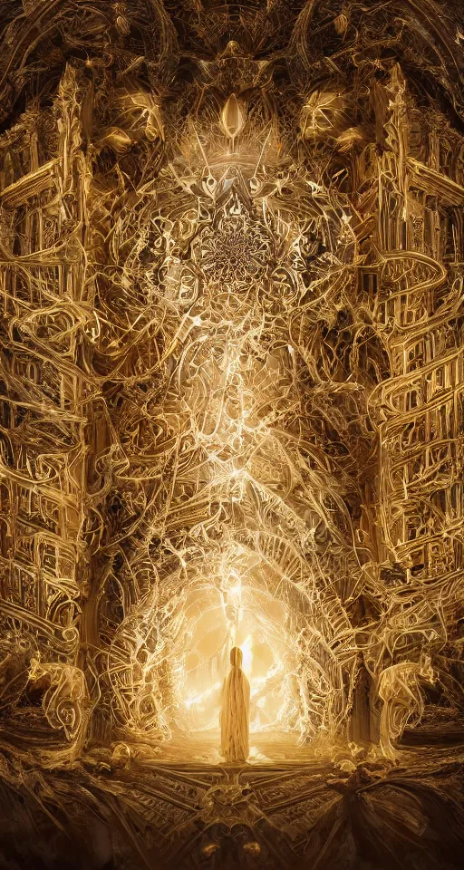 Prompt: gateway to the kingdom of god. ornate, intericate, fractal patterns, ethereal, cinematic, artstation, hyper detailed, weta digital, ray trace, 3 d sculpture, beautifully lit, glow, soft light, photorealistic, ghost, symmetric, masterpiece, realistic, highly detailed