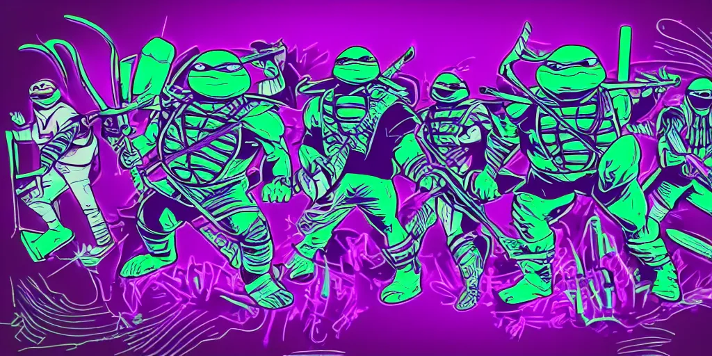 Image similar to vaporwave, vector graphics, ninja turtles, shredder, synthwave, neon