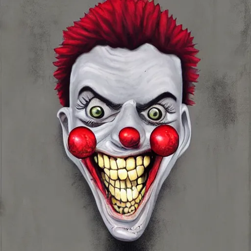 Image similar to grunge painting of kanye with a wide smile and a red balloon by chris leib, loony toons style, pennywise style, corpse bride style, horror theme, detailed, elegant, intricate