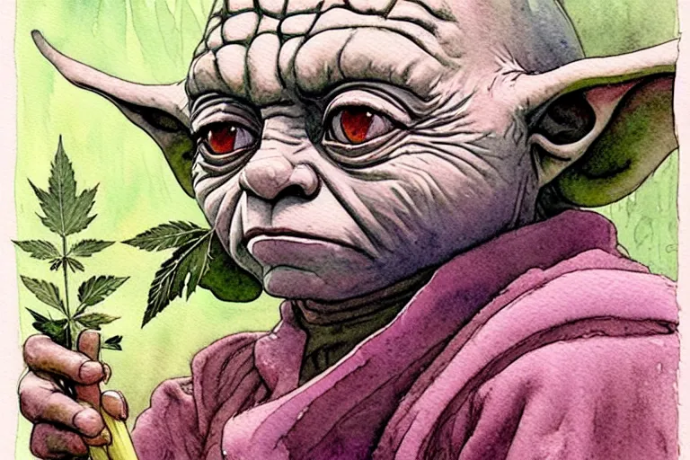 Image similar to a realistic and atmospheric watercolour fantasy character concept art portrait of yoda with pink eyes looking confused holding a blunt with a pot leaf nearby, by rebecca guay, michael kaluta, charles vess and jean moebius giraud