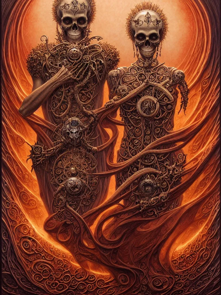 Image similar to A beautiful detailed orixa, tarot card, by tomasz alen kopera and Justin Gerard, symmetrical features, ominous, magical realism, texture, intricate, ornate, royally decorated, skull, skeleton, whirling smoke, embers, red adornements, red torn fabric, radiant colors, fantasy, trending on artstation, volumetric lighting, micro details, 3d sculpture, ray tracing, 8k, anaglyph effect