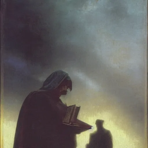 Image similar to half portait of magican wearing a cowl reading big old book! while walking, jeremy mann, jean leon gerome, tiepolo, alphonse mucha, greg rutkowski, face in the shadows, ( ( ruins of ancient rome ) ), at dusk, mysterious atmosphere, sunrays, dof, masterpiece, high detailed, 8 k