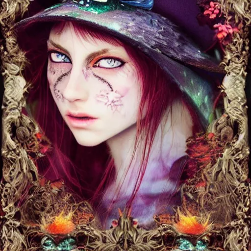 Prompt: cat witch wearing hat, big green eyes, Castlevania style, highly detailed intricate flowers ornament, Realistic, Refined, Highly Detailed, Cinematic pastel Lighting, fine art photography by Paolo Roversi, volumetric lighting, hyper realistic photography