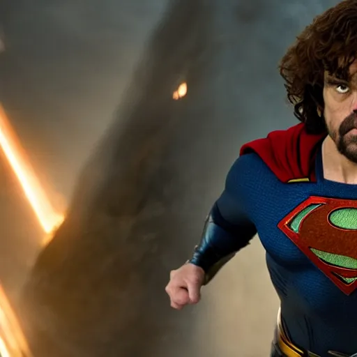 Image similar to stunning awe inspiring peter dinklage as superman, movie still 8 k hdr atmospheric lighting