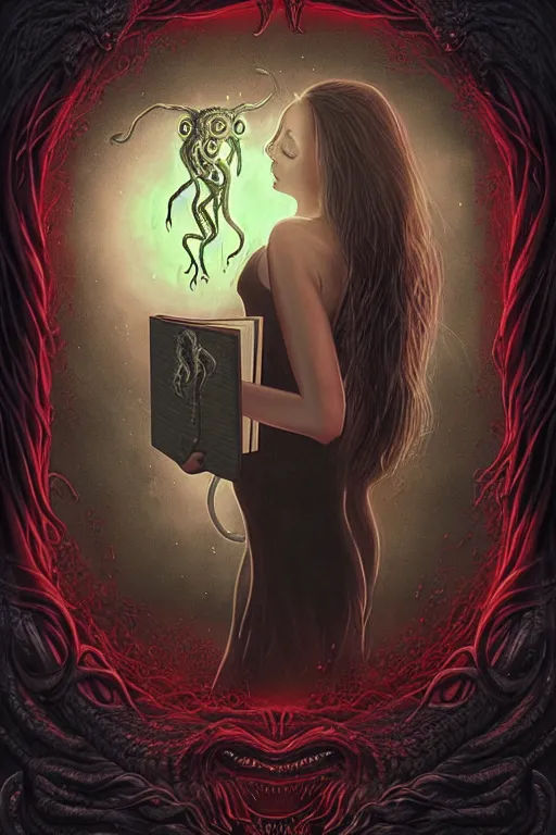 Prompt: romantic photo of bright girl, her cat and her book of necronomicon, symmetrical, cinematic, real dlsr photography, sharp focus, 4 k, ultra hd, sense of awe, sinister demonic atmosphere, dreadful, forbidden knowledge, old gods, cthulhu, yog - sothoth! yah, yah, yah! cultist journal cover