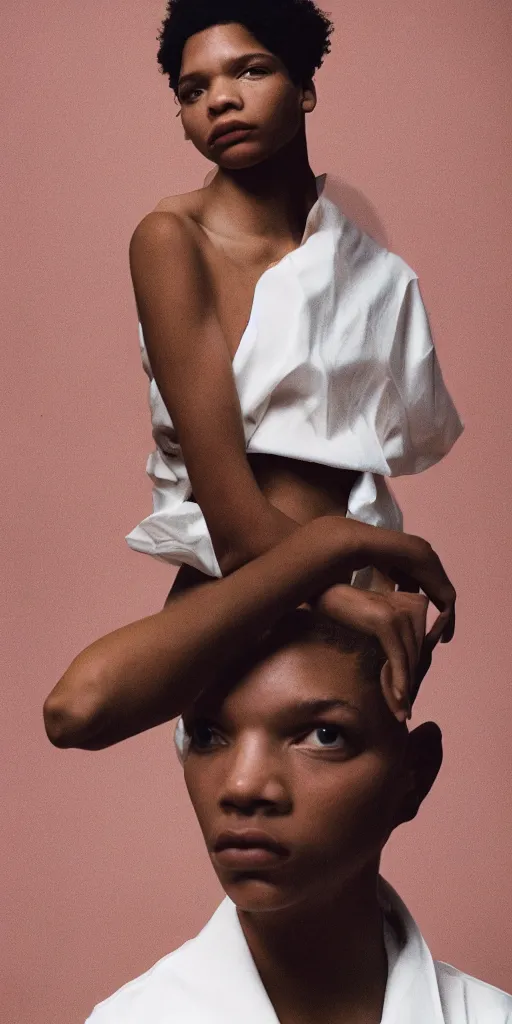 Image similar to realistic photoshoot for a new balenciaga lookbook, color film photography, portrait of a beautiful woman, in style of Campbell Addy, Tyler Mitchell, 35mm