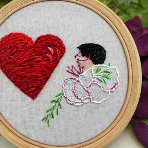 Prompt: a tiny beautiful handmade embroidery of two lovers kissing. hand embroidery.