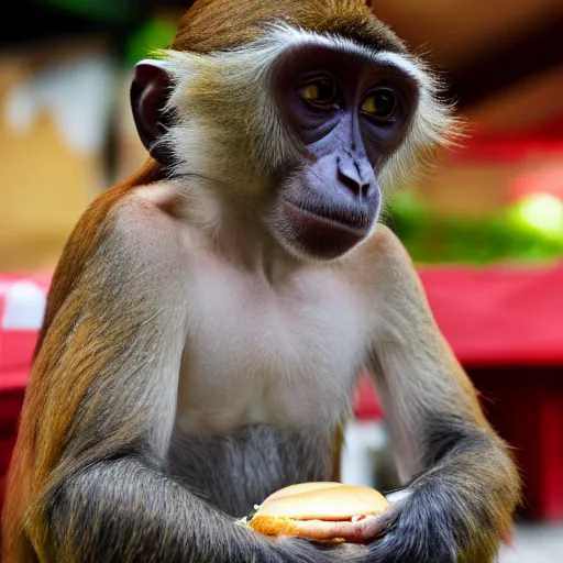 Image similar to a monkey eating an hamburger