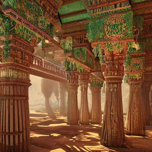 Image similar to stunning & visually striking highly detailed, hyperrealistic, intricate interior of an ancient indian palace, with tall beams, curtains, large paintings in frames, greenery around the pillars, exotic flower arrangement in style of Peter Mohrbacher, unreal engine, trending on artstation, octane render, 4K