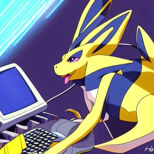 Image similar to digital art of renamon using a computer, anime style, anime wallpaper 4 k, by tomer hanuka