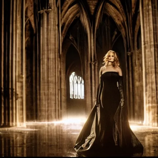 Prompt: jennifer lawrence as a vampire in a gloomy gothic cathedral at night