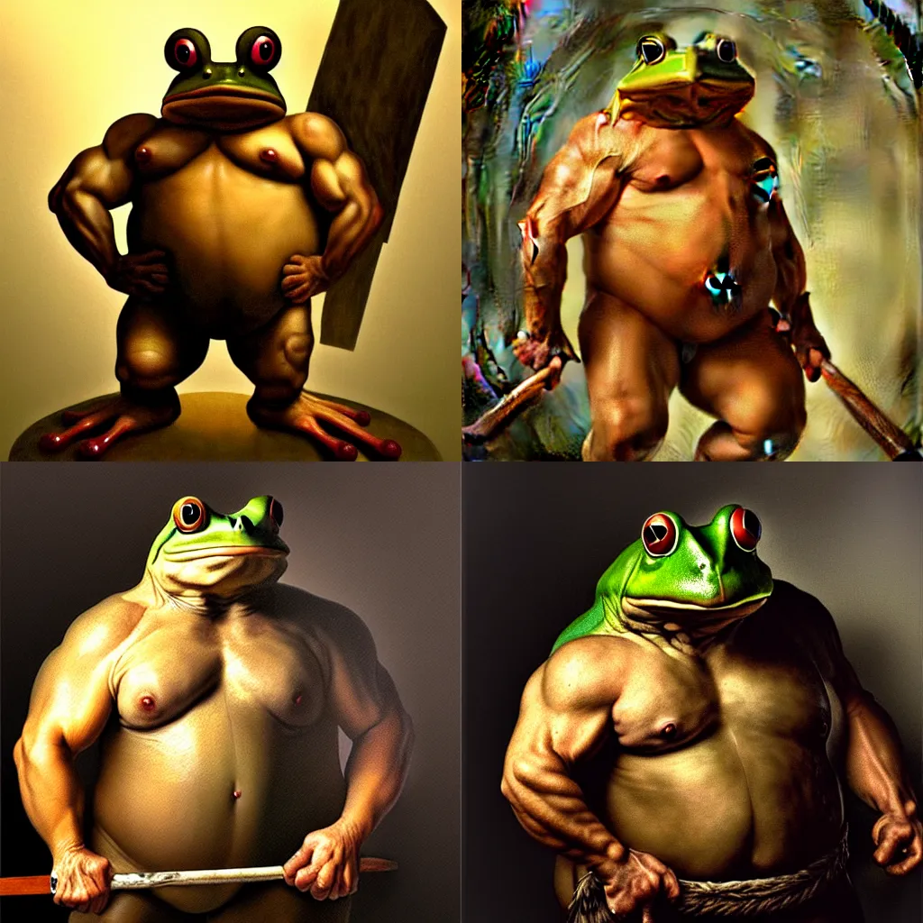 Prompt: subject: muscular barbarian oversized frog anthropomorphic medium shot portrait, style: very heavy textured rembrandt oil painting with dramatic light